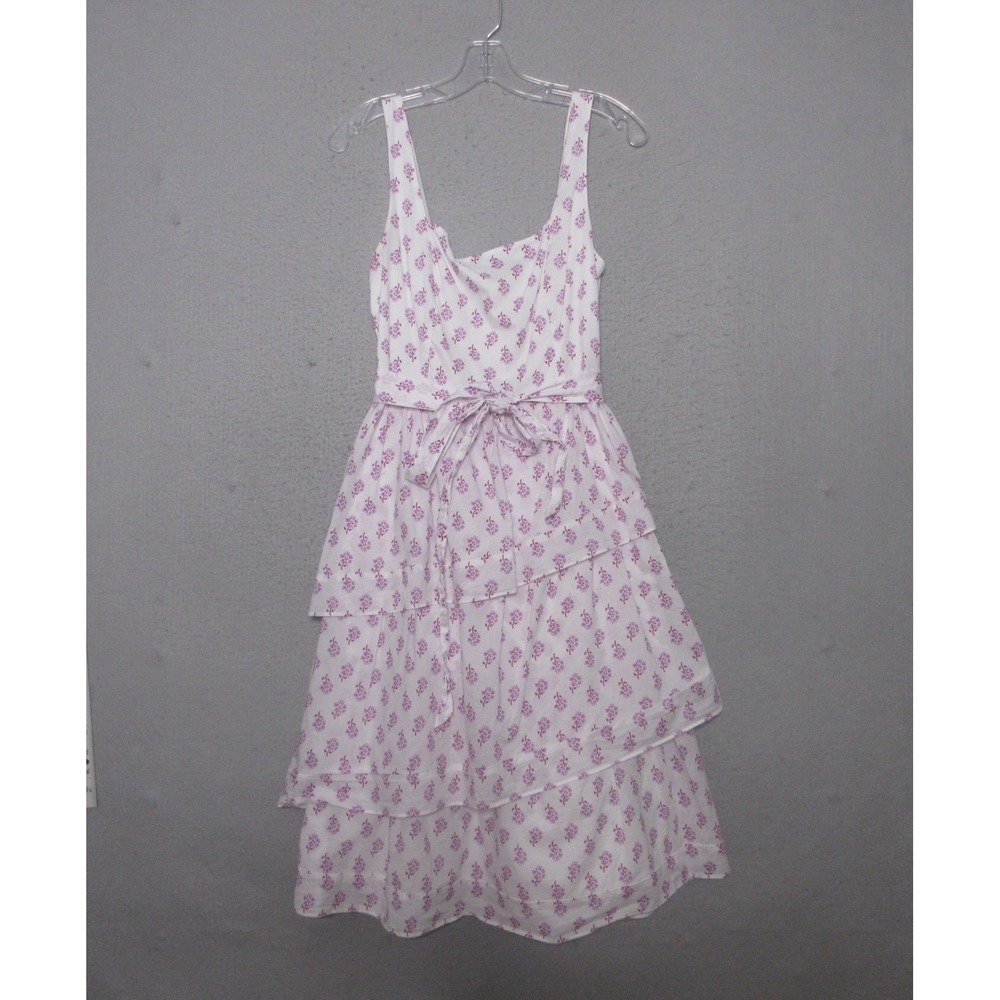 J.Crew Dress 10 White Purple Floral Tiered Smocked Midi Belted Cottagecore Boho